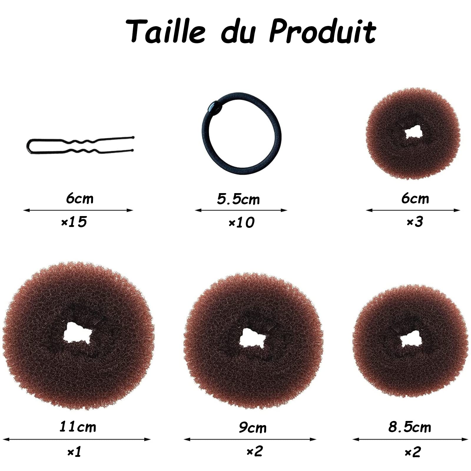 VEGCOO Chignon a Ciambella, 8 Pz Creatore per Pane Ciambella Chignon a Ciambella Magic Hair per Bambine e Donne, con 15 Elastici per Capelli e 15 Forcine Forma di U (Marrone)