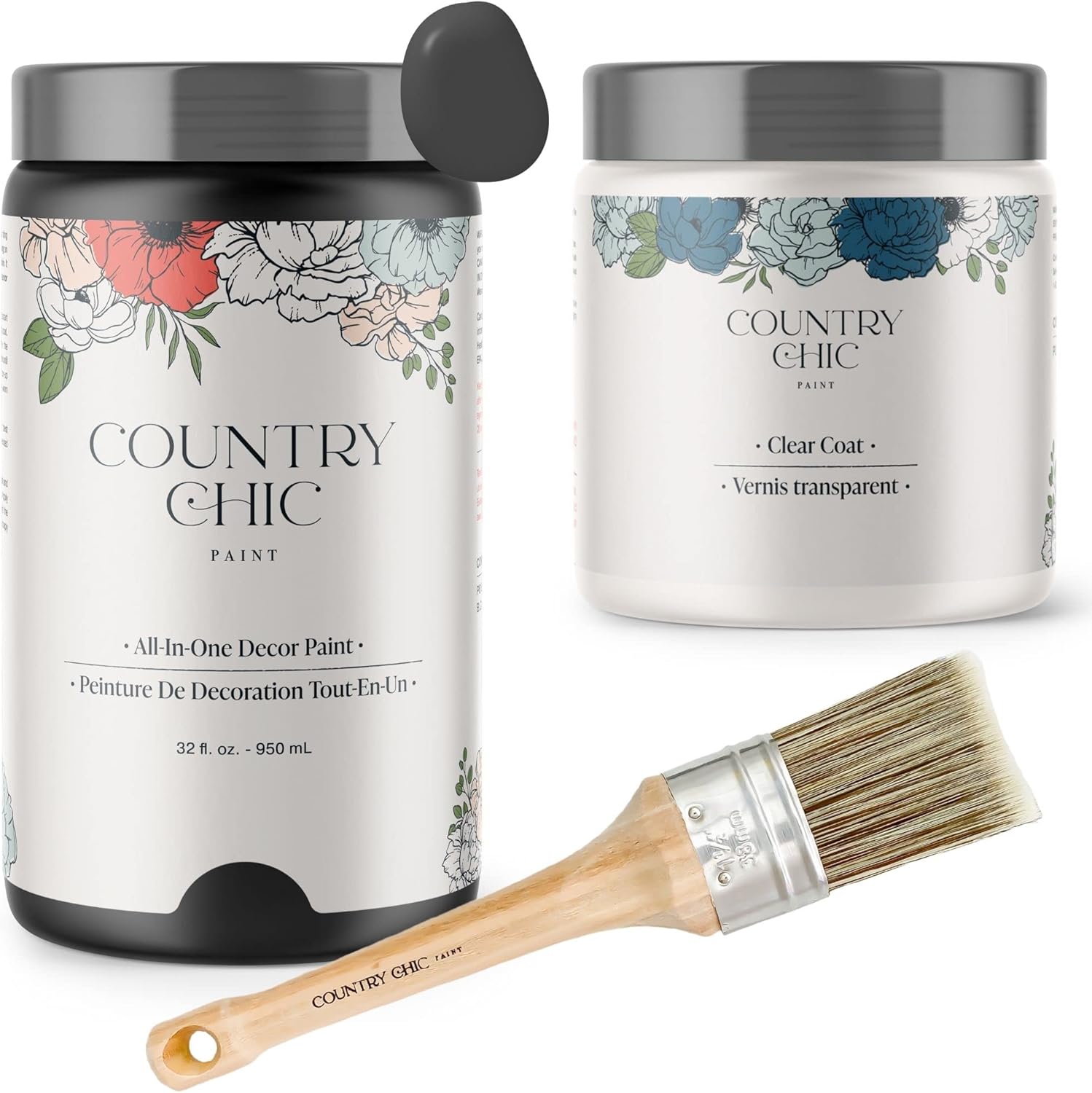 Chalk Style Paint + Clear Coat + Paint Brush Bundle - for Furniture, Home Decor, Crafts (Color: Liquorice - Black)