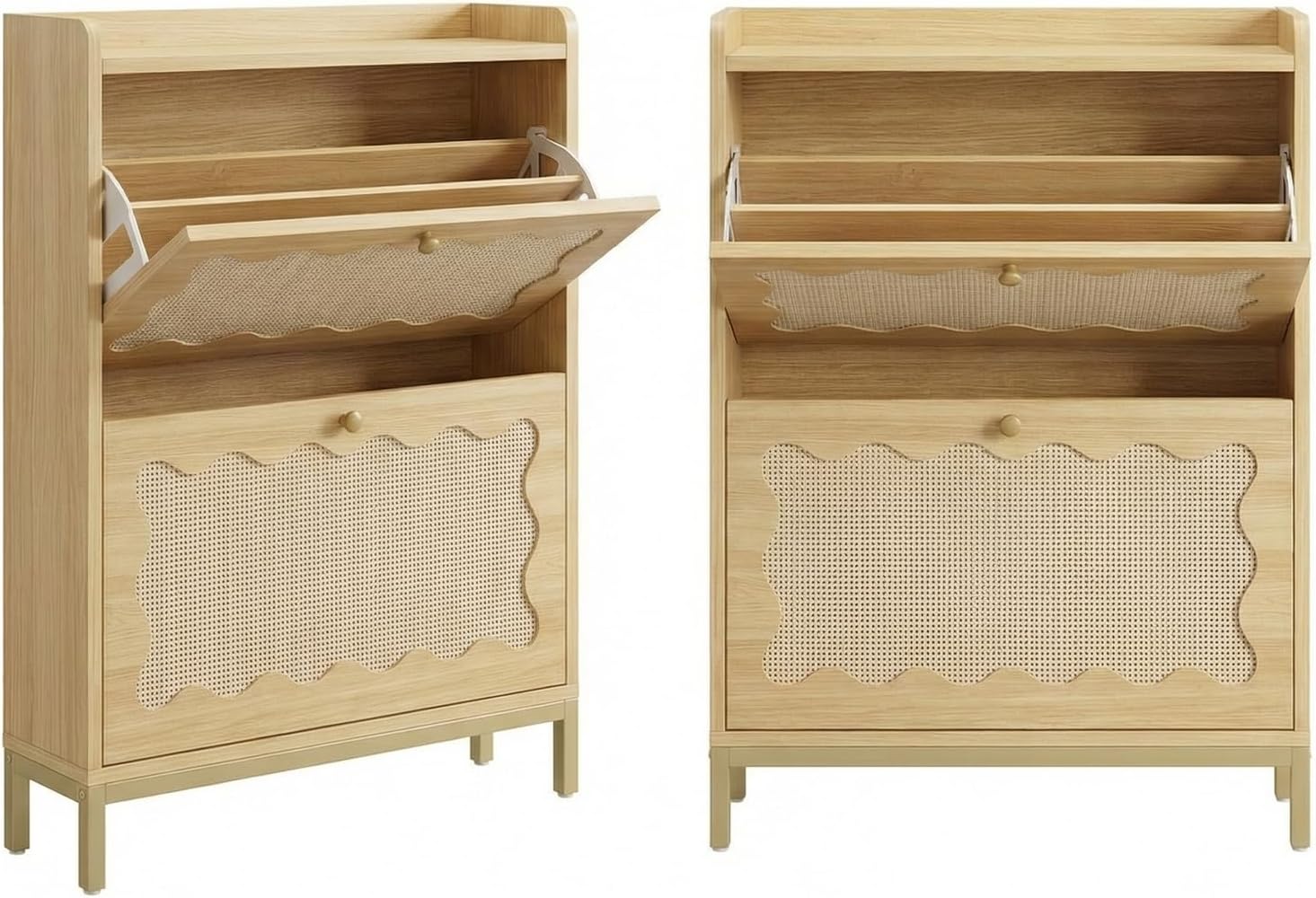 31 Inch Rattan Shoe Cabinet, Wood Flip Drawer Shoe Storage Cabinet with Durable Metal Leg, 4 Tier Wavy Shoe Rack for Entryway, Hallway and Foyer