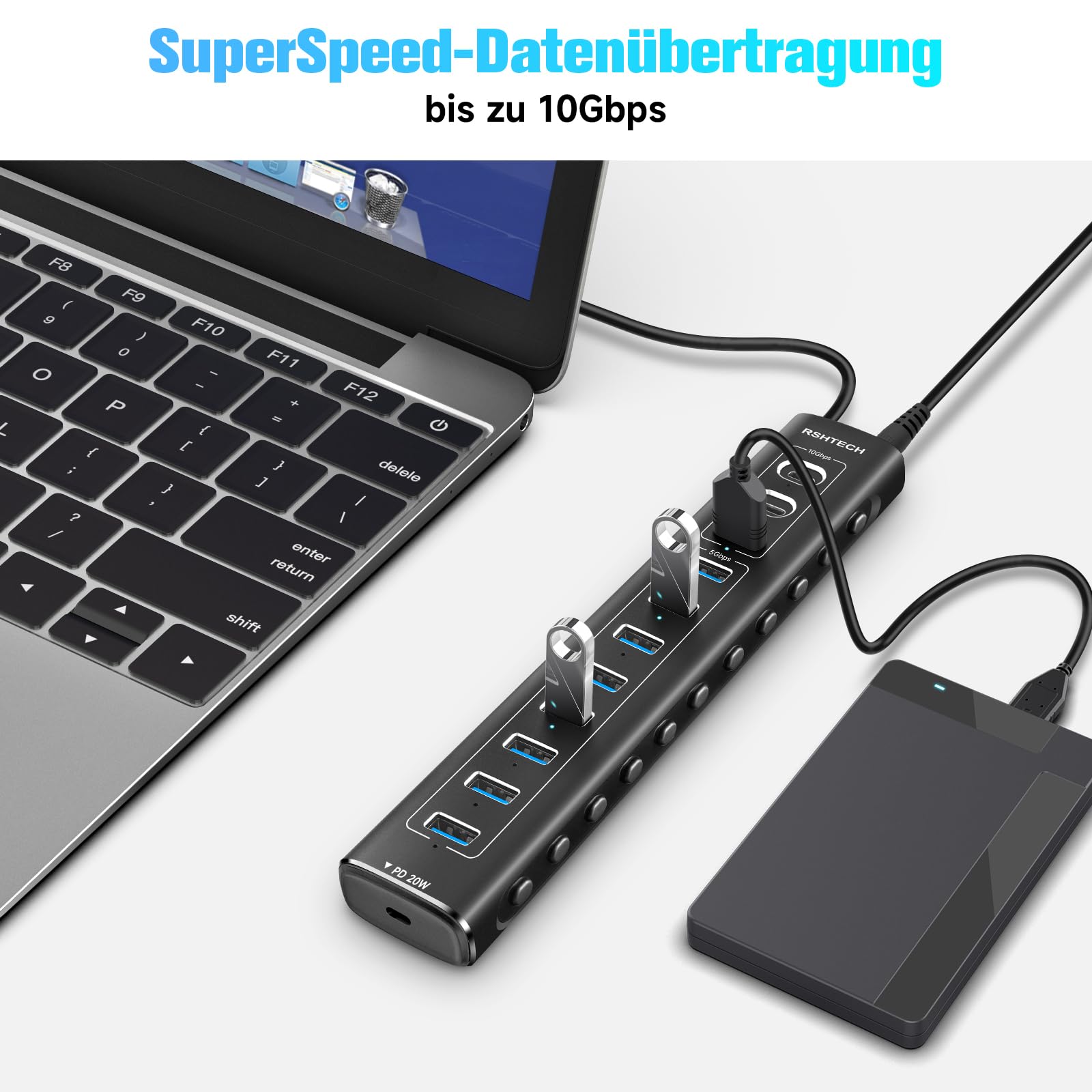 USB C 3.2 Hub Aktiv mit Netzteil (60W 12/5A), RSHTECH 11-Port USB C 3.1 Gen2 Hub mit 20W PD, 3 * 10Gbps (2*Typ-C, 1*Typ-A), 7 * 5Gbps (7*Typ-A), 2-in-1 Kabel, Aluminium USB Verteiler, RSH-A11PD