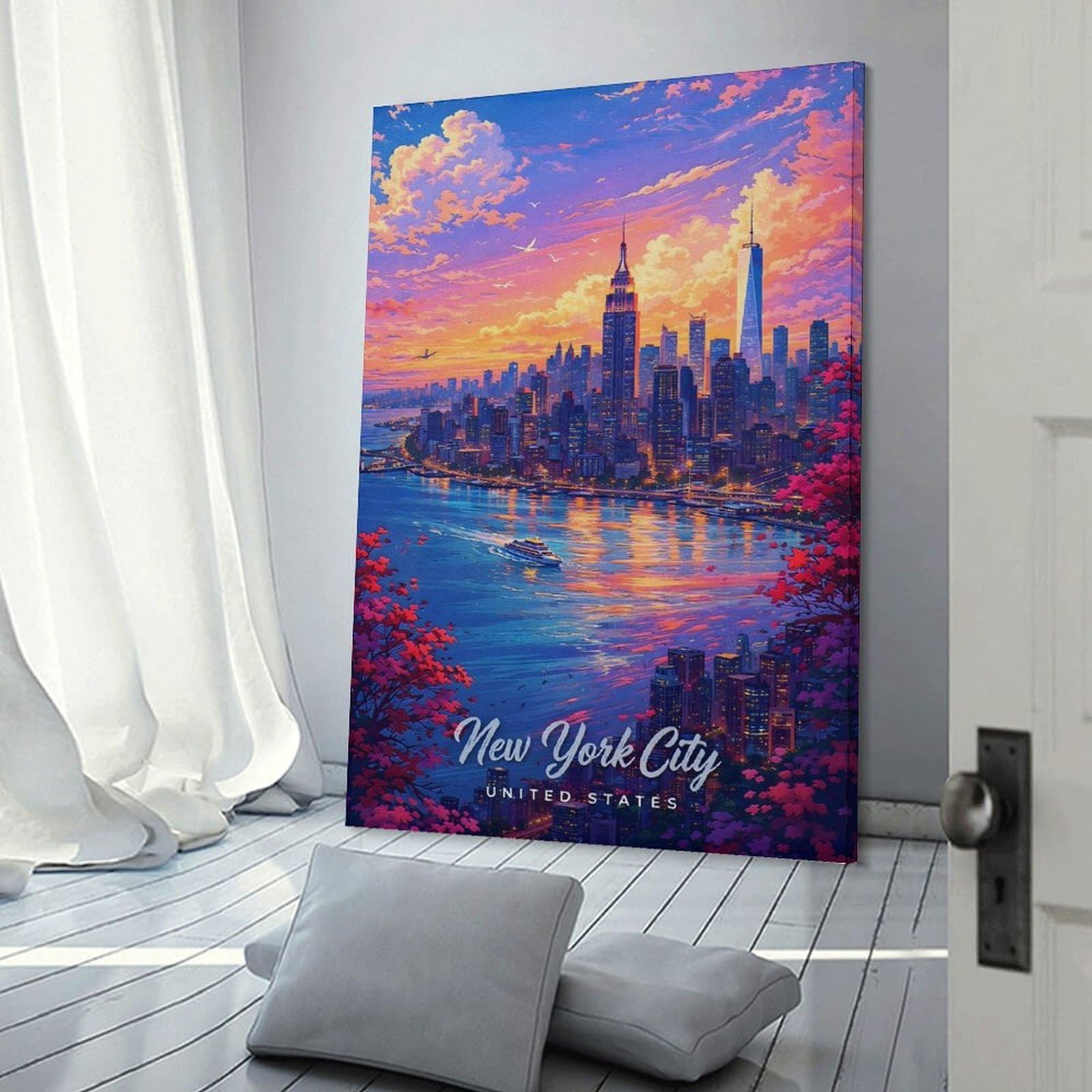 Junmoney New York City Skyline at Sunset Canvas Art Print, 24x36inch(60x90cm), for Living Room, Bedroom, Office Or Hallway, Decorative Artwork with Broad Appeal