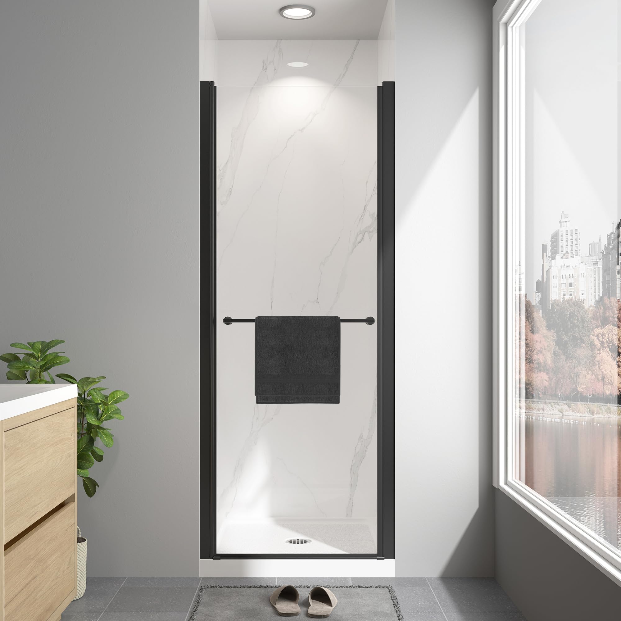 frameless pivot shower door 24"-26" w x 72" h with nano explosion-proof film tempered glass 1/4"(6mm) reversible installtion swing shower glass doors, matte black finish