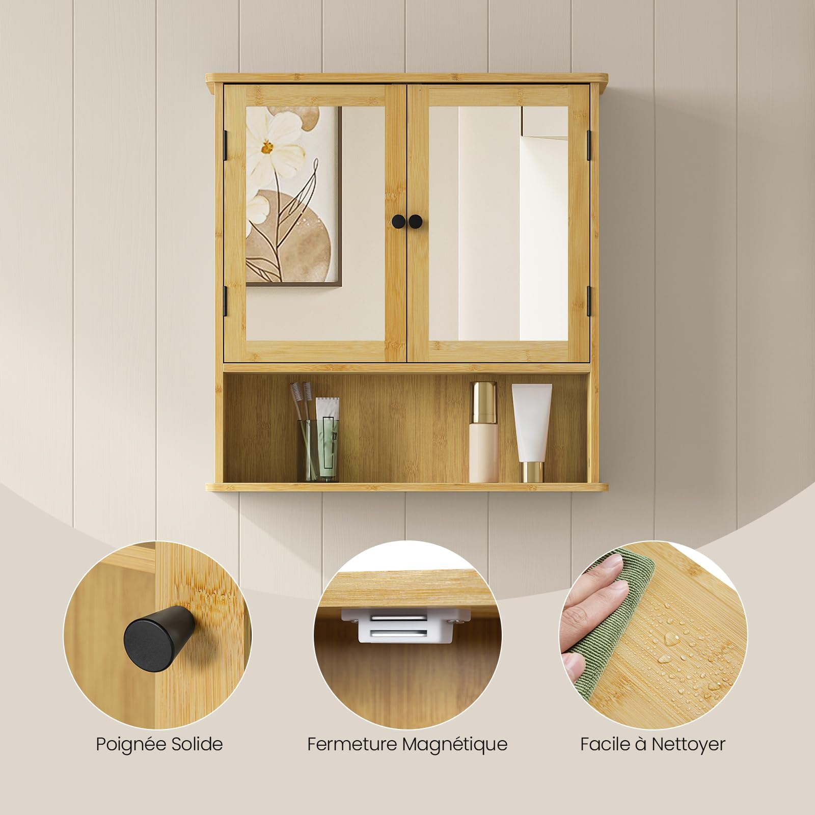 EUGAD Meuble de Salle de Bain Suspendu avec Miroir et Portes en Bambou, Armoire Peu encombrante avec étagère réglable, boîte Murale avec Compartiment Ouvert, 56 x 14 x 58 cm
