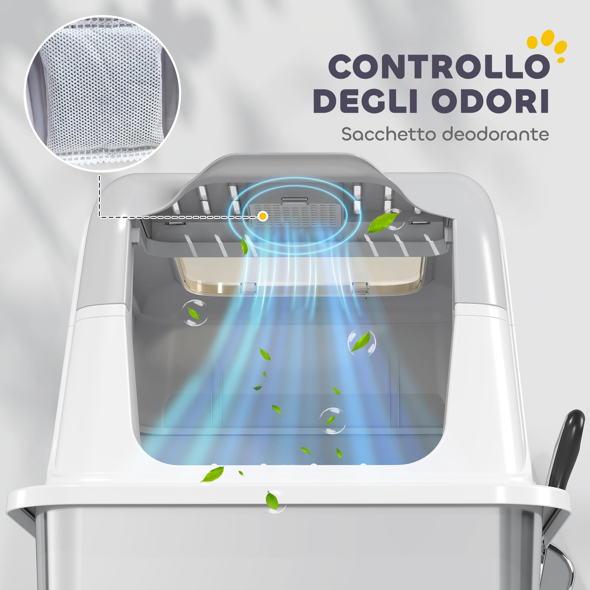 PawHut Lettiera per Gatti Chiusa a 2 Ingressi con Deodorante e Paletta, Lettiera per Gattini in Acciaio Inox, ABS e PP, 60.4x40.4x41.8 cm, Bianco e Grigio