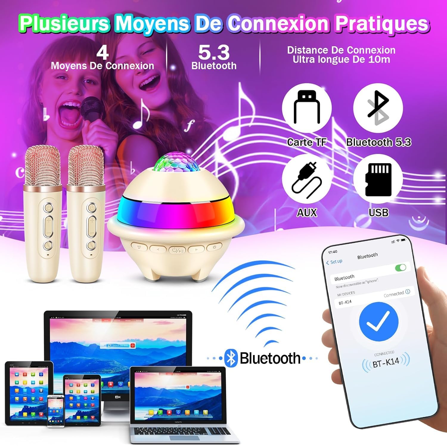 JONRRYIN Micro Karaoke Enfant avec Lumineux LED Disco, Enfant Enceinte Karaoké Portable avec 2 Microphone sans Fil Bluetooth, Micro Enfant pour Chanter, Jouet Cadeau Paques Fille (Blanc)