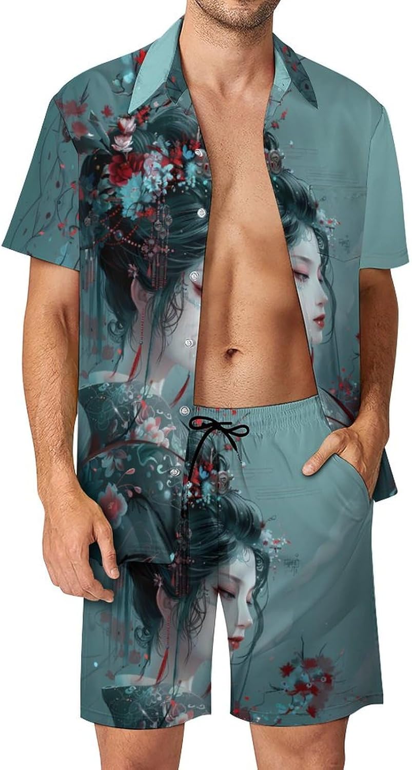 Beautiful Japanese Geisha Men's Summer Beach Outfits Shirt And Shorts Set 2 Piece Vacation Swimwear