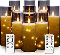 FLAMELESSCANDLES 9-Pack Grey Flickering LED Flameless Candles with Timer, Embedded Star Lights, Safe Acrylic Pillars for Home Decor