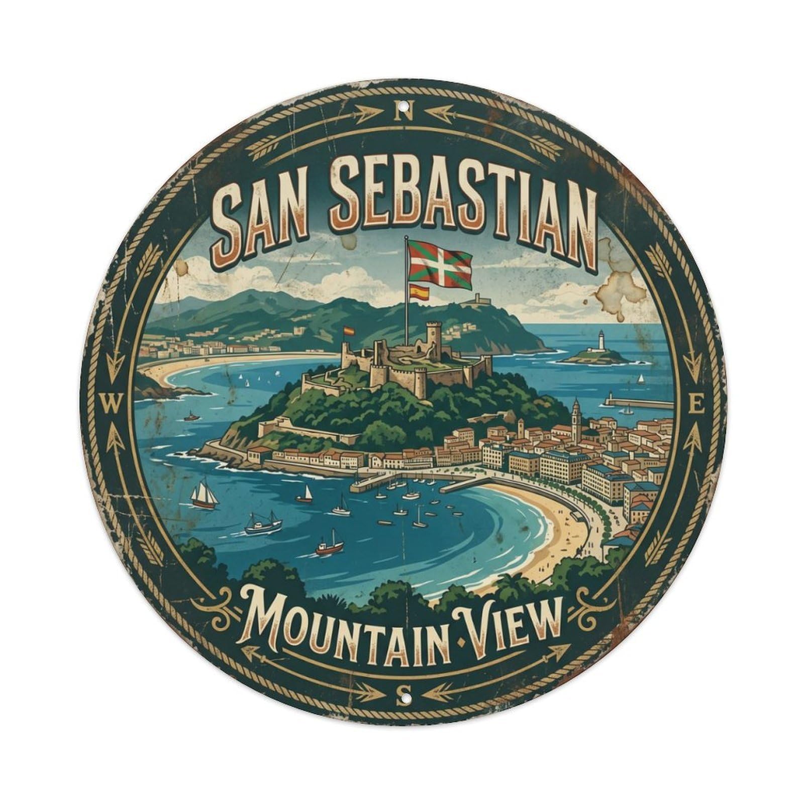 Vintage Travel Urgull Mountain Sebastian Viewpoint Metal Tin Sign Plaque Wall Decor for Cafe, Club Bar, Office, Home Garden Round Metal Poster 8x8Inch