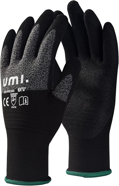 Amazon Brand-Umi Safety Assembly Work Gloves 6pairs, Stretch Fit, Durable Foam Nitrile Palm, Thin and Lightweight, Nylon, Non-Slip, Breathable, Gardening gloves for Men and Women, size 10/XL