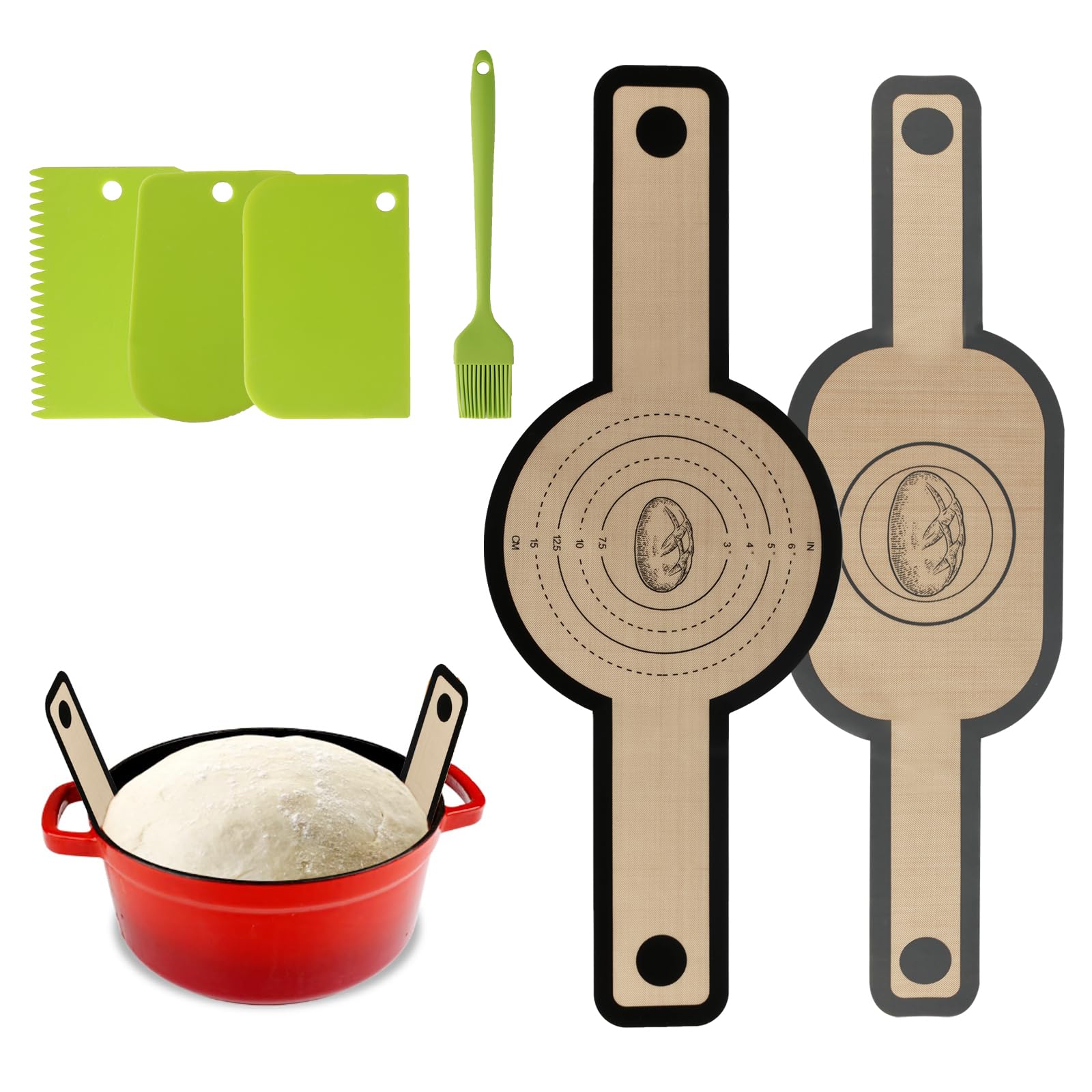 2PCS Silicone Bread Sling for Dutch Oven, Silicone Sourdough Bread Sling Mat with Long Handle & 1 Non-Stick Reusable Baking Mat, for Transferring Sourdough, with 3 Dough Scrapers & 1 Brush