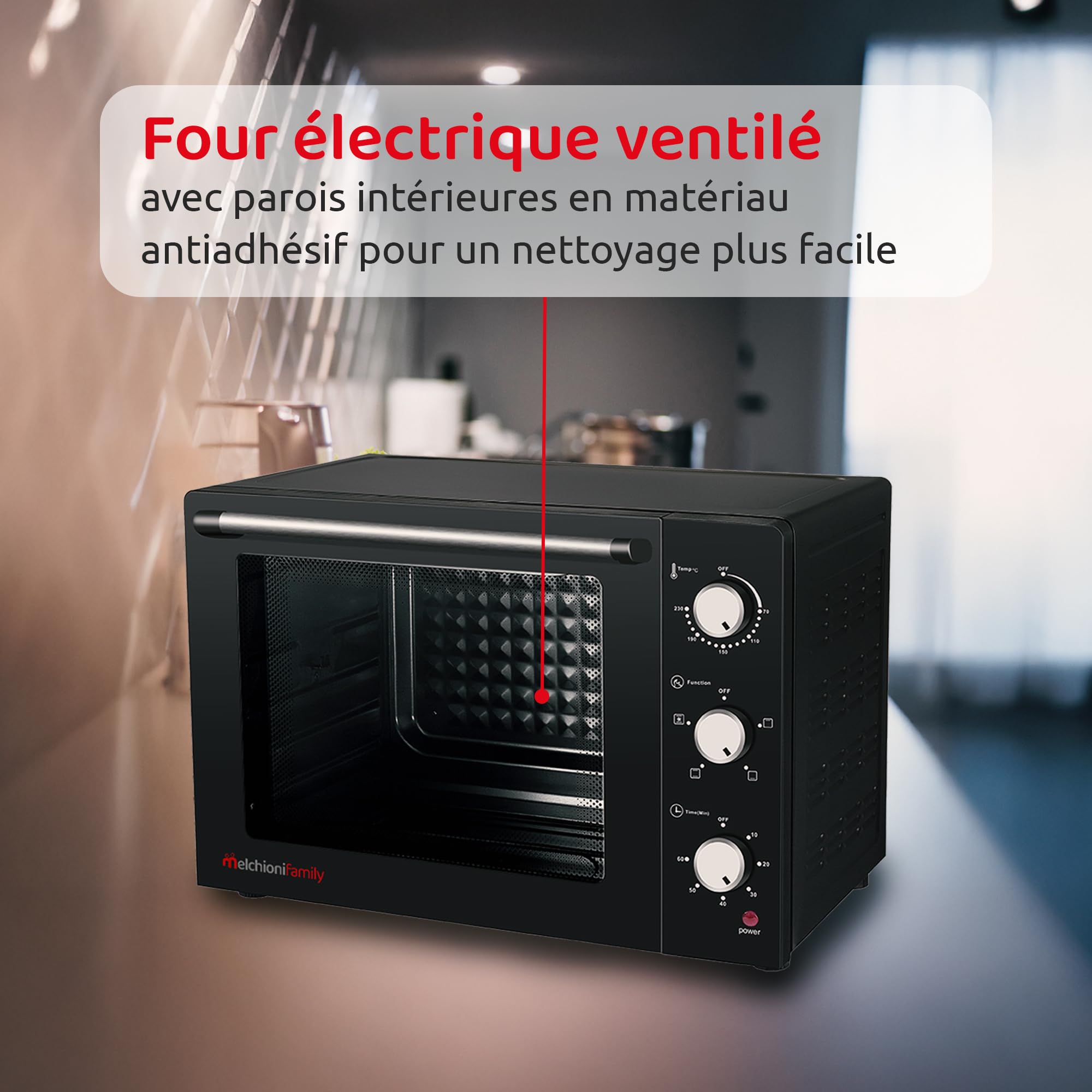 Melchioni Family | Four électrique Ventilé ENJOY, Four électrique avec Rôtisserie, Capacité 63 Litres, Température 230°, Puissance du Four à Pizza 2200 W, Mini Four Professionnel, 58 x 44 x 40.7 cm