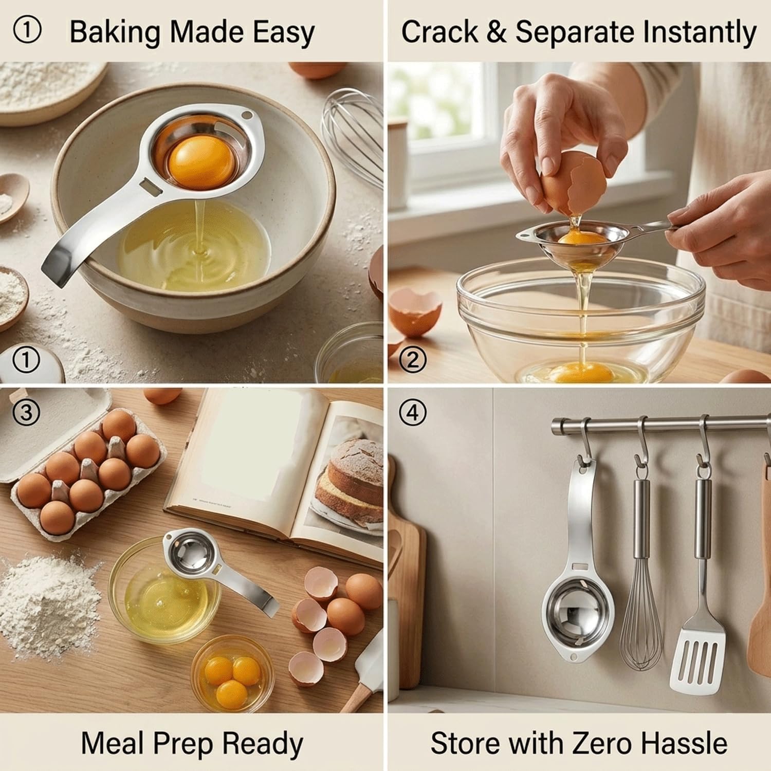 2 pieces,Egg Separator Stainless Steel Egg White and Yolk Divider, Food-Grade 304 Long Handle Egg Separator Tool for Baking and Cooking