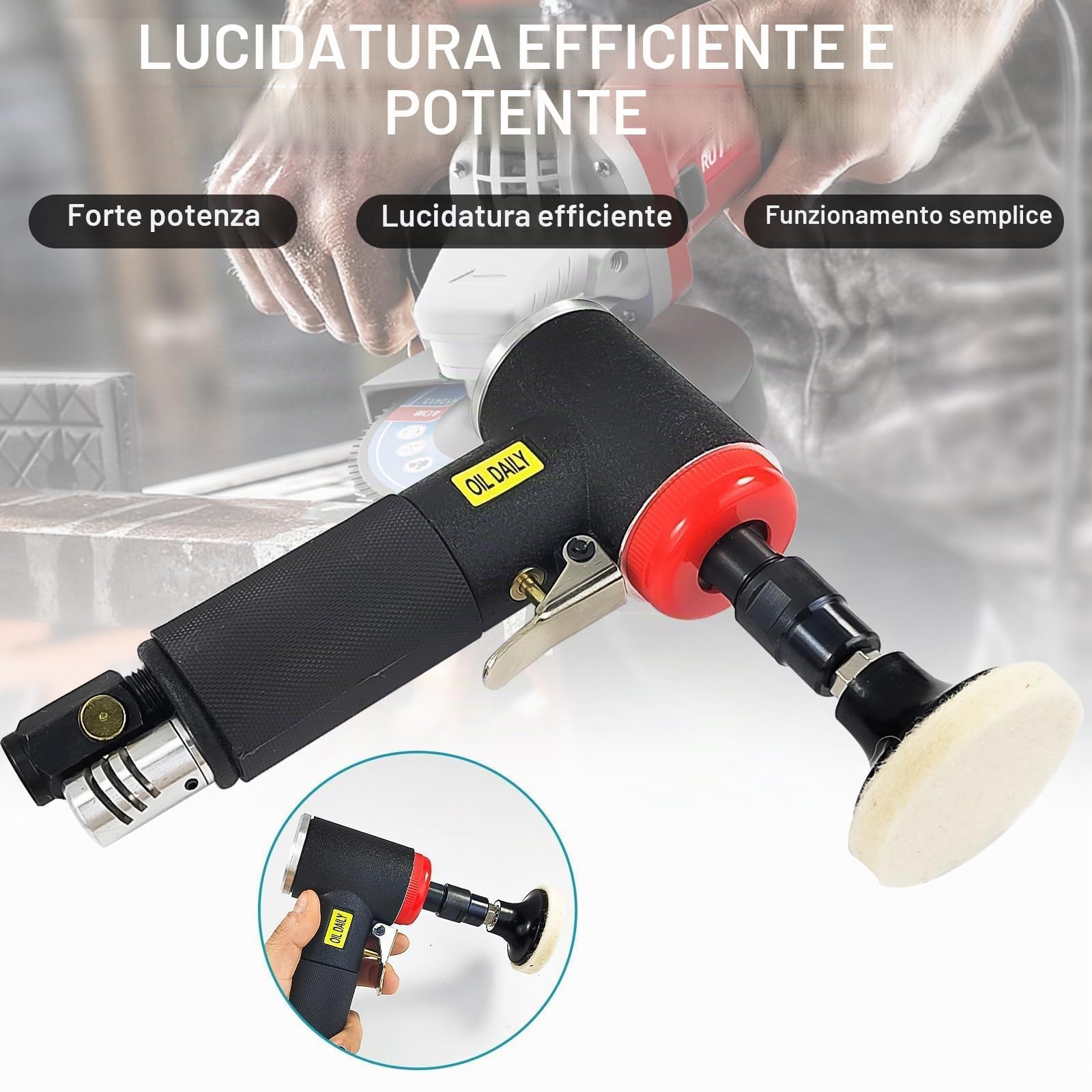 Mini Lucidatrice Auto, Mini Smerigliatrice Angolare Pneumatica con Mandrino a Pinza da 6 mm e 3 mm, Include Carteggiatrice e Mini Levigatrice con Set di 20 Dischi da 2 Pollici a Cambio Rapido