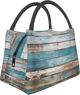 Insulated Lunch Box Vintage Beach Wood Old Blue Color Wooden Plank Lunch Bag for Women Men Cooler Bag Lunch Tote Bag for Picnic Work