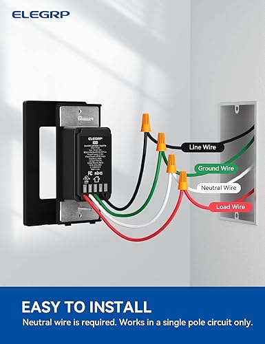 Miniatura 7 de ELEGRP Interruptor de luz inteligente, interruptor de luz Wi-Fi de 2.4 GHz compatible con Alexa y Google Assistant, requiere cable neutro, control