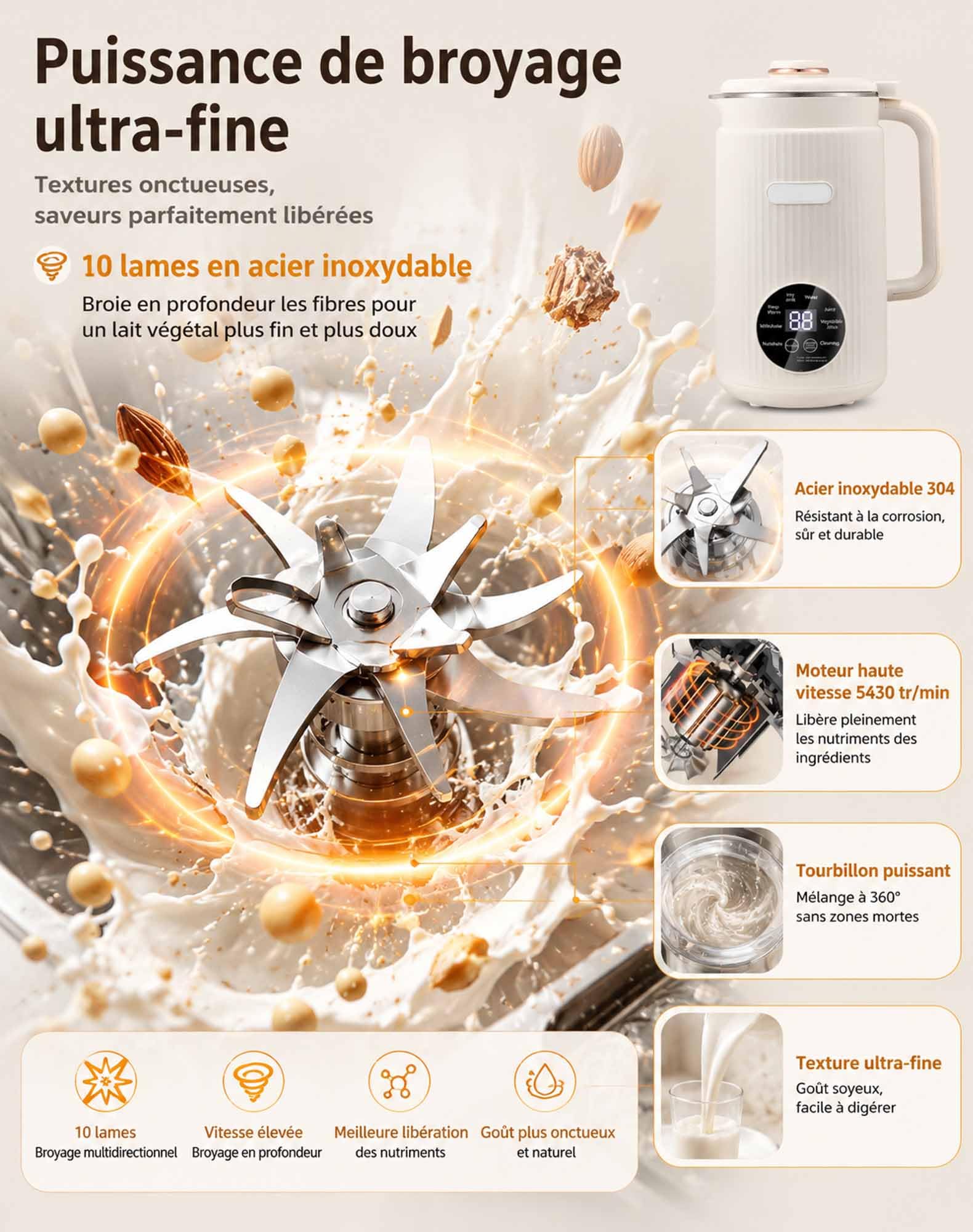 Omalait — Omalait Machine a Lait Vegetal, Fonction D'auto-Nettoyage Et Minuteur Inclut Verre Doseur, Passoire Et Brosse, 18 Recettes Incluses Préparer Des Laits Maison D'amande, D'avoine Et De Soja
