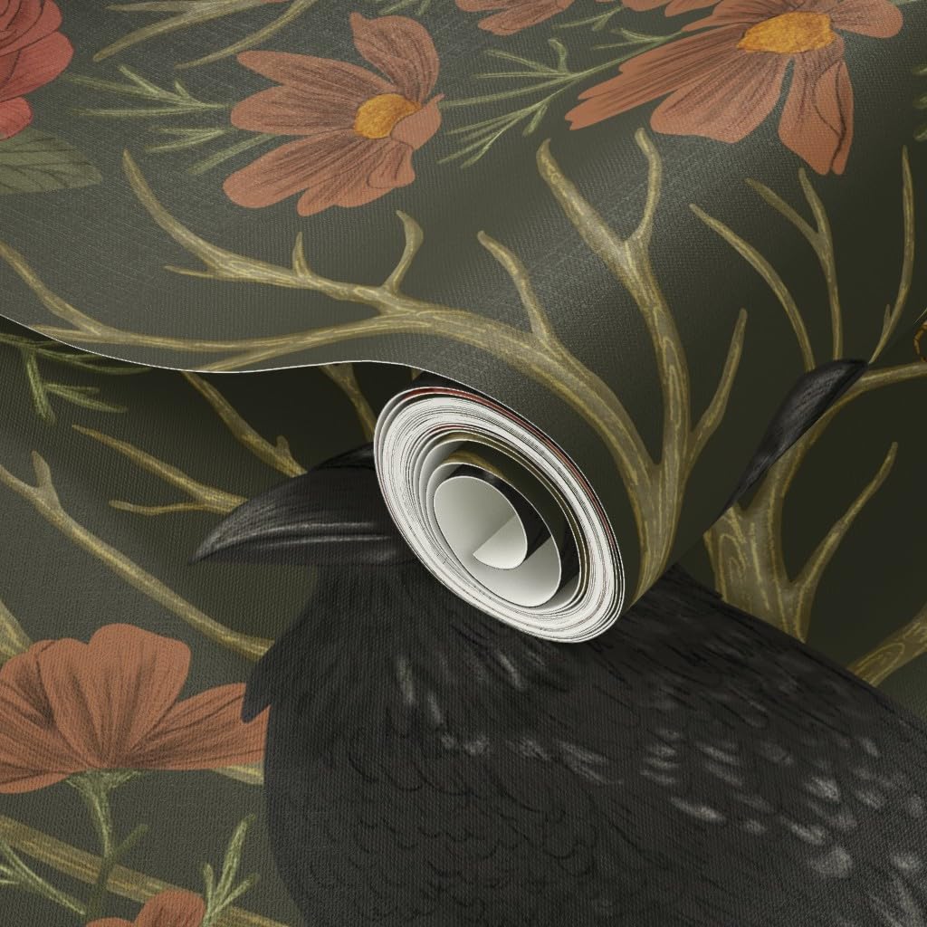 Peel & Stick Wallpaper 12ft x 2ft - Art Nouveau Ravens Nature Rose Gothic Moody Witch Custom Removable Wallpaper by Spoonflower