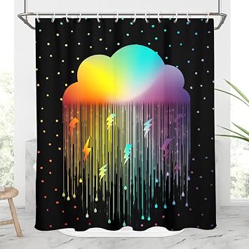 AAtter Kids Rainbow Shower Curtain Colorful Girls Girly Fun Cute Polka Dot Bright Toddler Black Abstract Cloud Teal Orange Yellow Purple Preppy Bathroom Decor Bathtub Set with 12 Hooks, 60x72, Kawaii