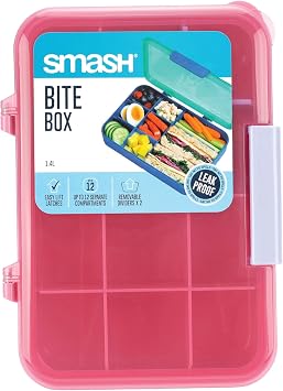 Smash Bite Box Bento Lunch Box 1.4L / 47oz   12 Compartment Kids Snack Box with Removable Dividers, Hinged Lid, Dishwasher, Microwave & Freezer Safe   School, Travel & Nursery