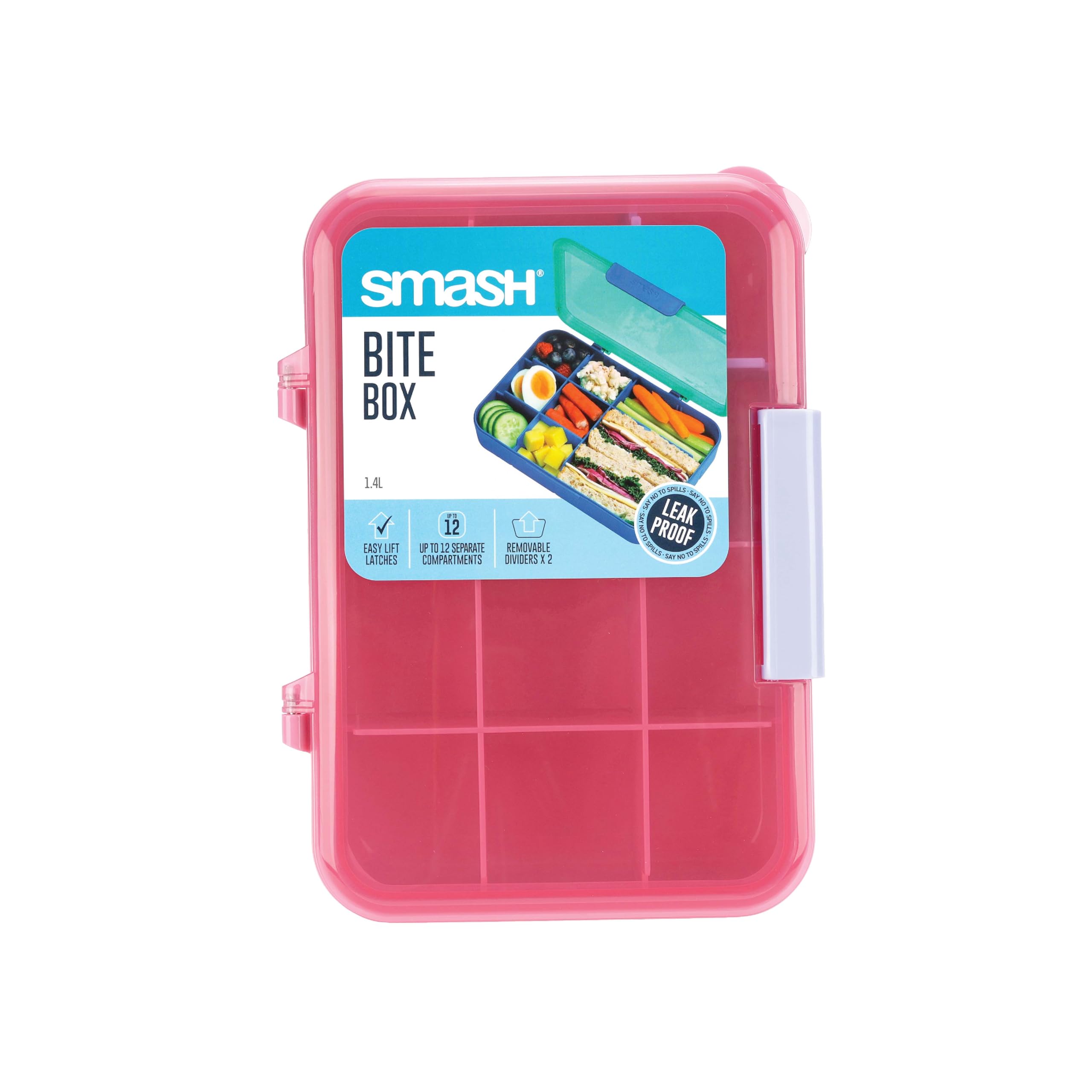 Smash Bite Box Bento Lunch Box 1.4L / 47oz – 12 Compartment Kids Snack Box with Removable Dividers, Hinged Lid, Dishwasher, Microwave & Freezer Safe – School, Travel & Nursery