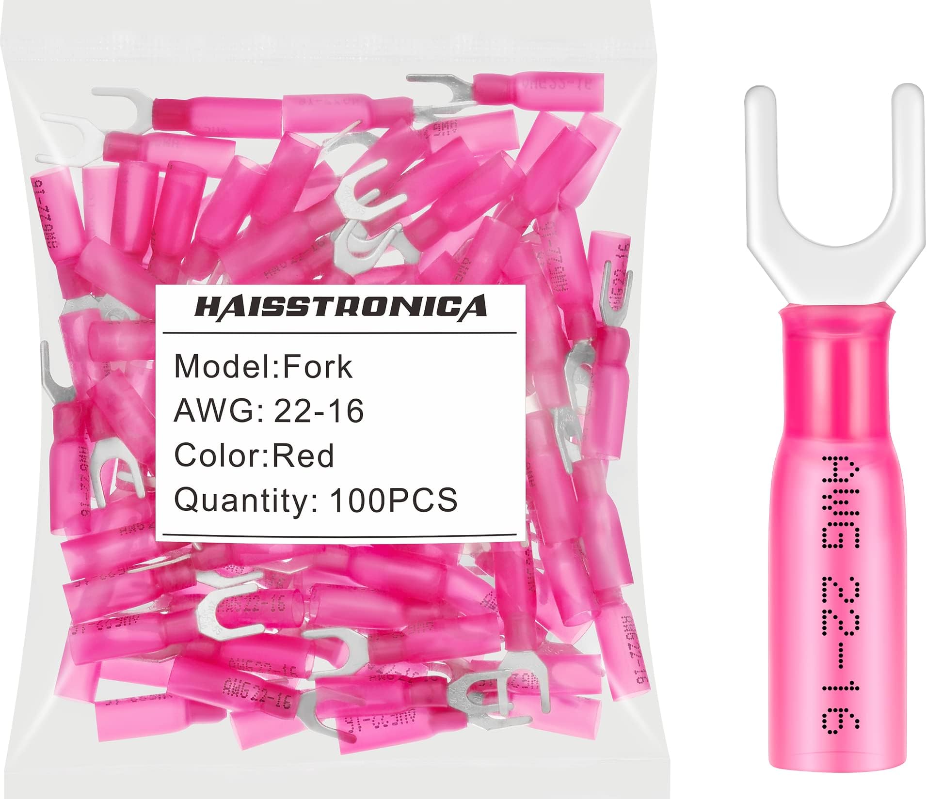 haisstronica 100pcs #10 Red Heat Shrink Fork Spade Connectors,22-16 Gauge Insulated Electrical Crimp Wire Terminals