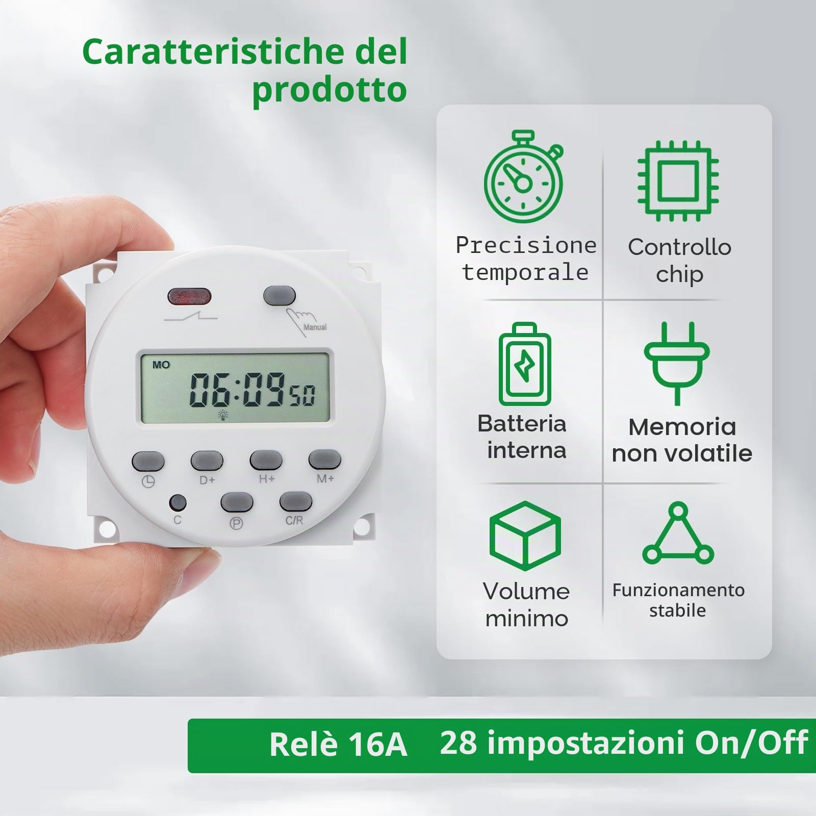 Wengart Interruttore Orario Digitale CN101, Timer Settimanale Programmabile 230V, Uscita a Contatto Pulito (Senza Tensione), LCD Display, per Luci, Pompe, Insegne e Fai-da-te, 16A, AC 230V