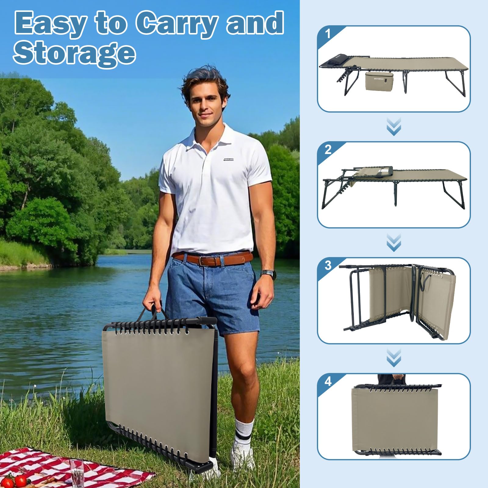 Sedia Sdraio da Esterno con Borsa Frigo Staccabile per Adulti 190x59CM Sedia Reclinabile Pieghevole 5 Posizioni Regolabili Robusto e Stabile con Poggiatesta Regolabile Carico Massimo 120 kg