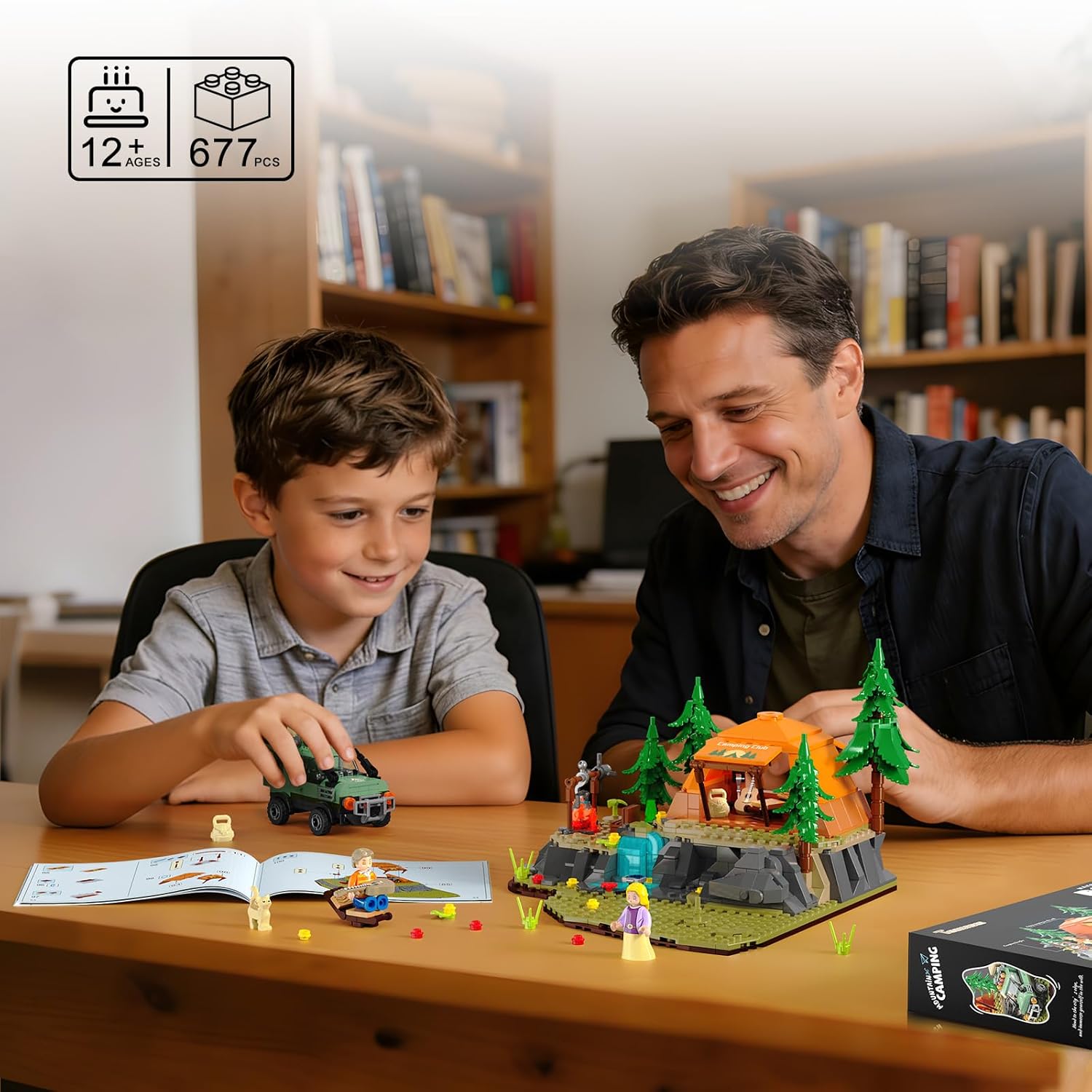 Mountain Camping Building Set with Light, Outdoor Adventure Scene Toy with Camp, Tent, Camper Van, Campfirre, Creative Home Decor & Display, Xmas Birthday Gift for Adults Teens Camping Lovers, 677 Pcs