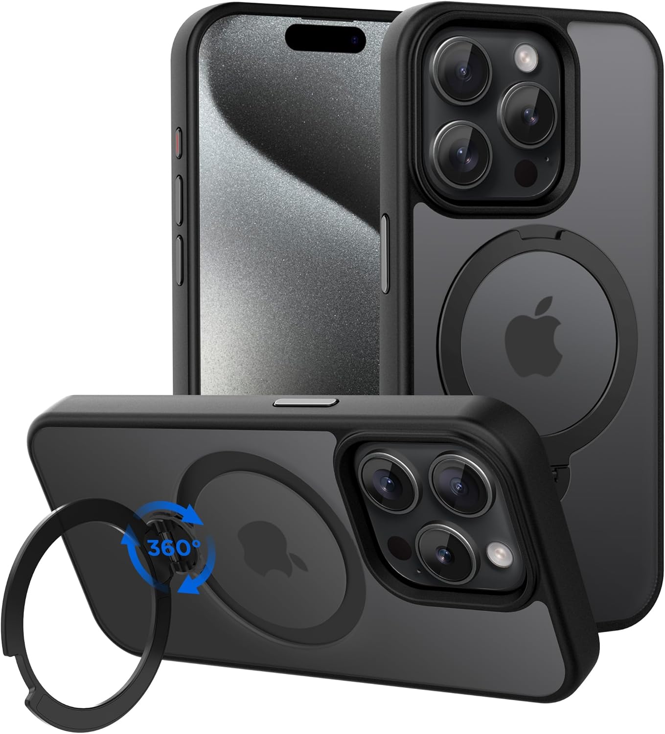 CACOE Magnetic Case for iPhone 15 Pro 6.1 inch with 360 Rotatable Ring Stand, Compatible with MagSafe Car Phone Mount, Cases Cover Phone Holder for Desk Meeting/Videos Matte Black