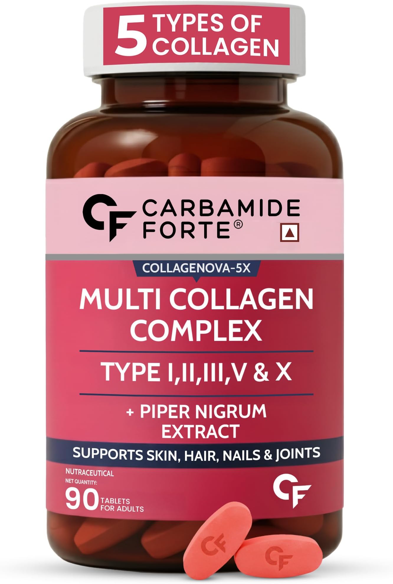 Carbamide Forte Multi Collagen Supplements For Skin | Collagen Tablets For Women & Men | Skin Supplements For Glowing Skin | Hydrolyzed Peptides With Type I, II, III, V & X - 90 Tablets