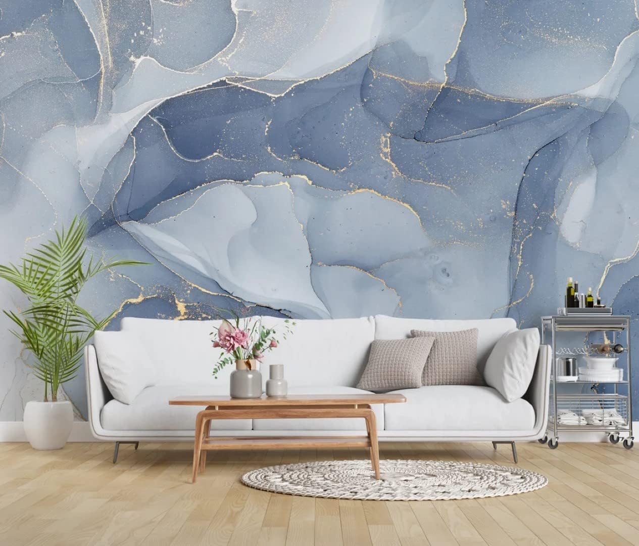 Abstract Blue Mixing Acrylic Paints Marble Texture Peel and Stick Wallpaper 100''H x 150''W