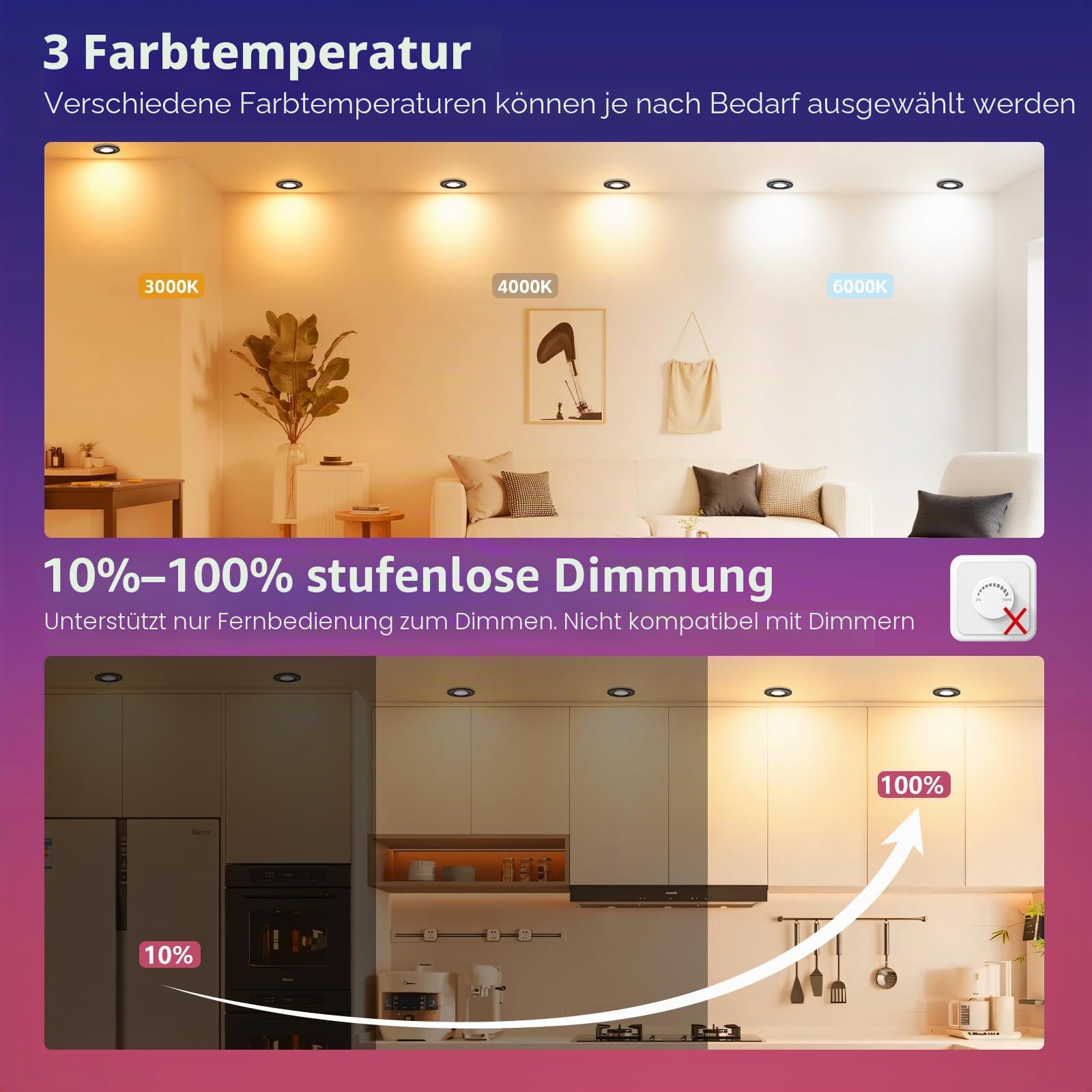 GeyouLux LED Einbaustrahler RGB Dimmbar,Aluminium, mit Fernbedienung, 6 St | 68-75mm Lochmaß, IP44 Wasserdicht, 5W 230V, 120°+45° Schwenkbar, Rostfrei, für Deckenmontage, Wohnzimmer, Schwarz
