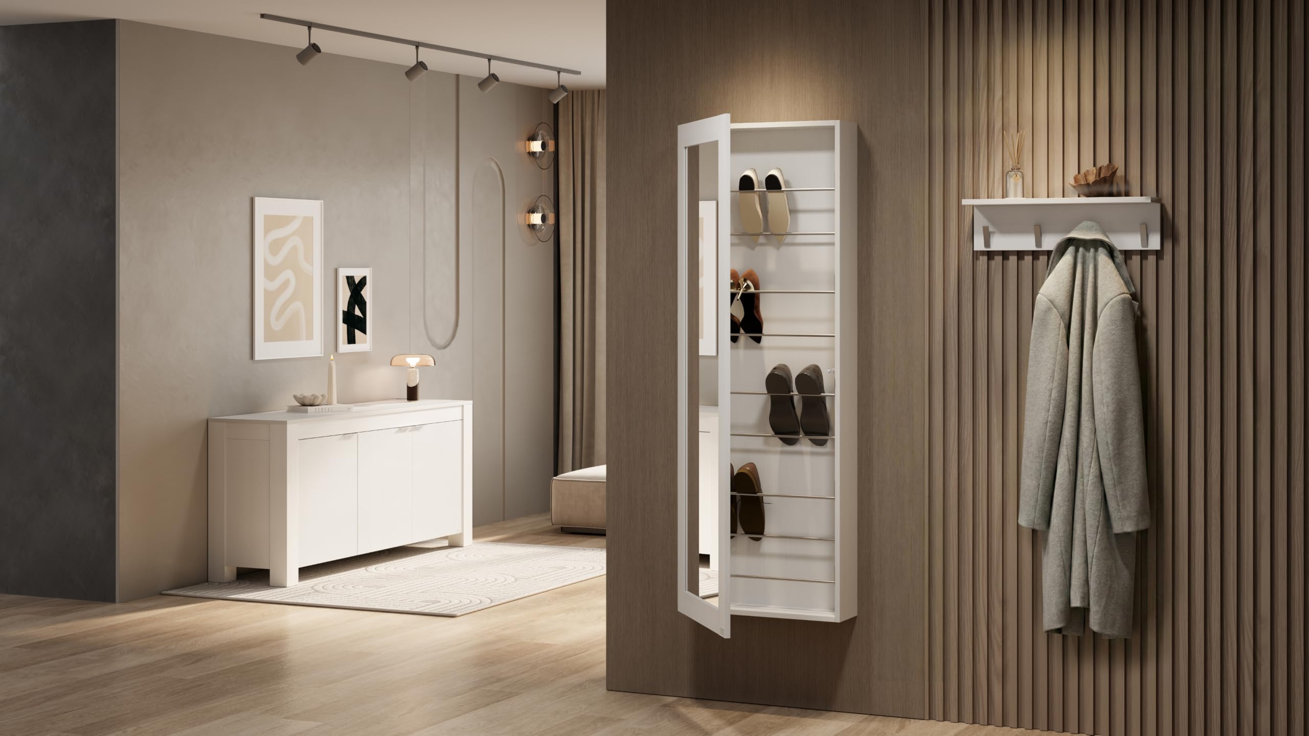 MOBILI FIVER, Zapatero con Espejo suspendido Rachele 170x60 cm, Fresno Blanco, Made In Italy