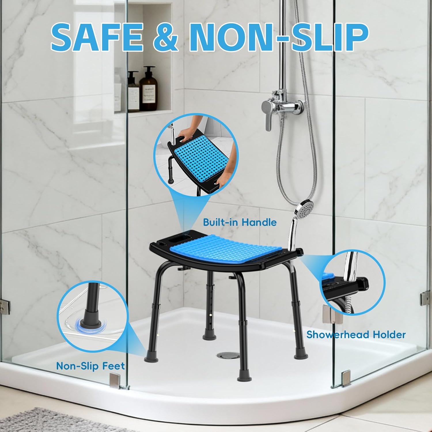 onepeak shower stool for inside shower, adjustable height with suction feet, gel cushion for safety, 300 lbs capacity, tool-free assembly for elderly, disabled, black black shower stool