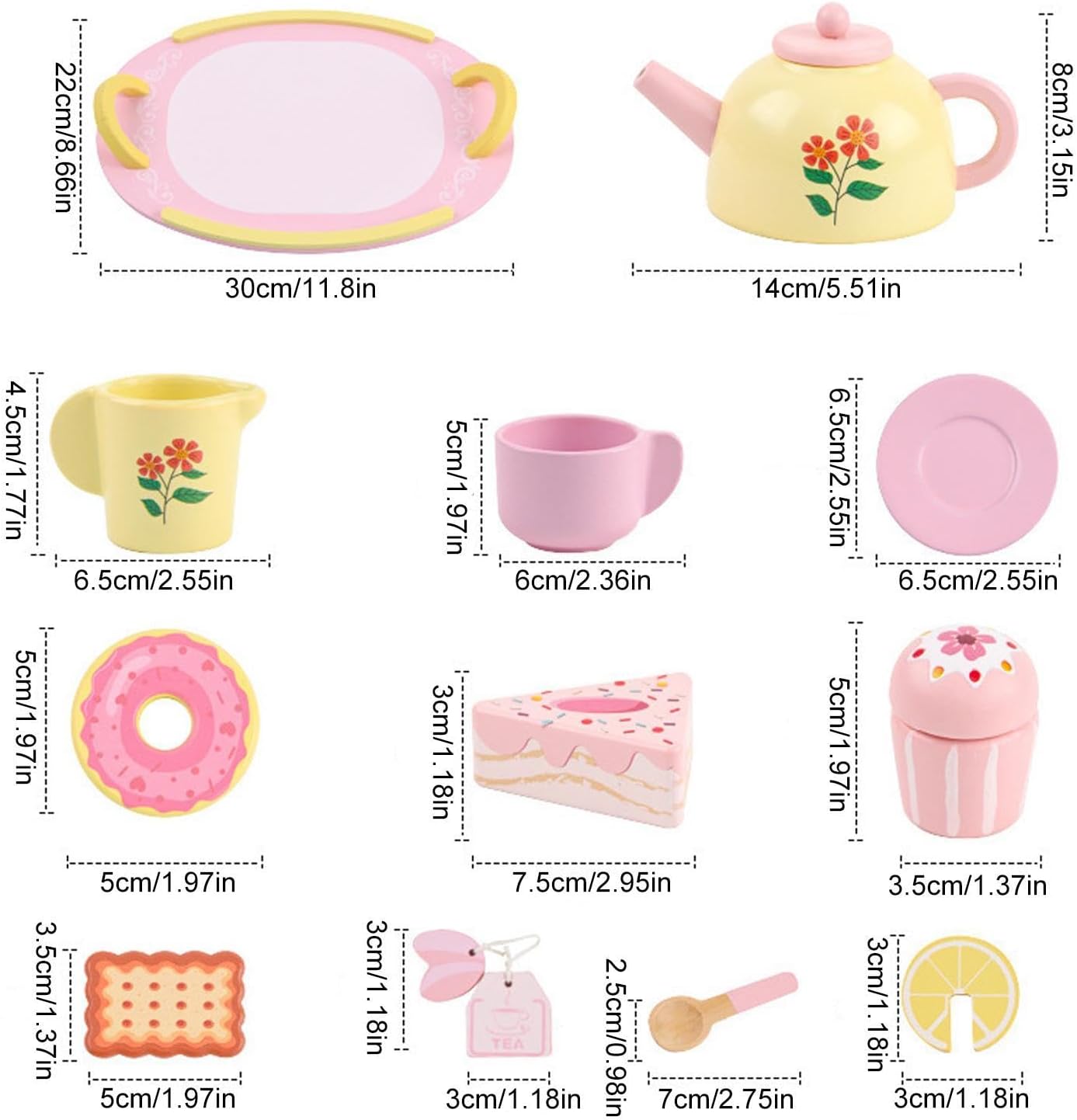 Pastel Wood Set, Pretend Play Tea, 11x9 Inches Kit with Carrying Tray, Natural Beechwood Teapot, Classic Toy with Style, Preschool Gift for Birthday & Parties
