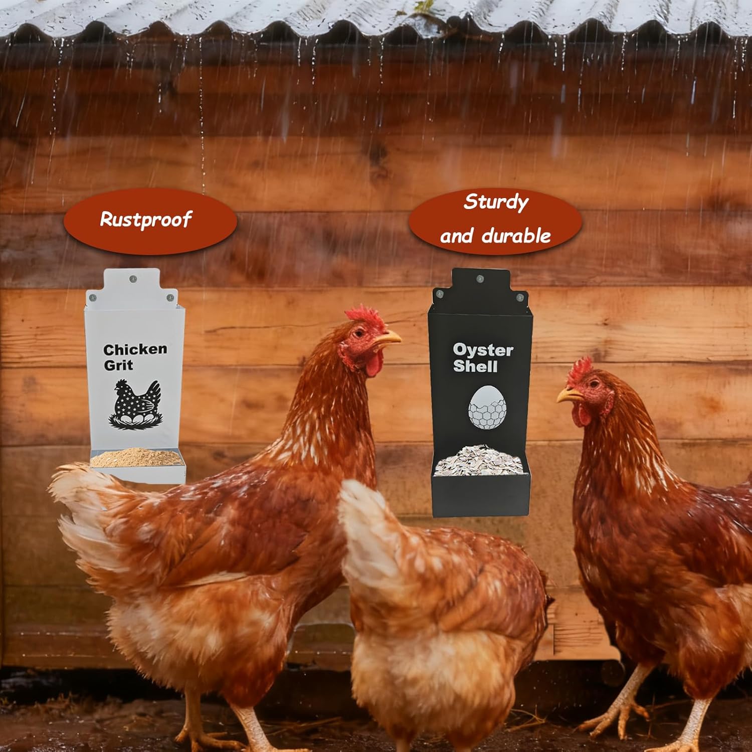 Automatic Chicken Oyster Shell and Grit Feeder, Spill-Proof Hanging Gravity Poultry Feeding Equipment, Metal Chicken Feeder 2Pack (Black & Red) (Black and White)