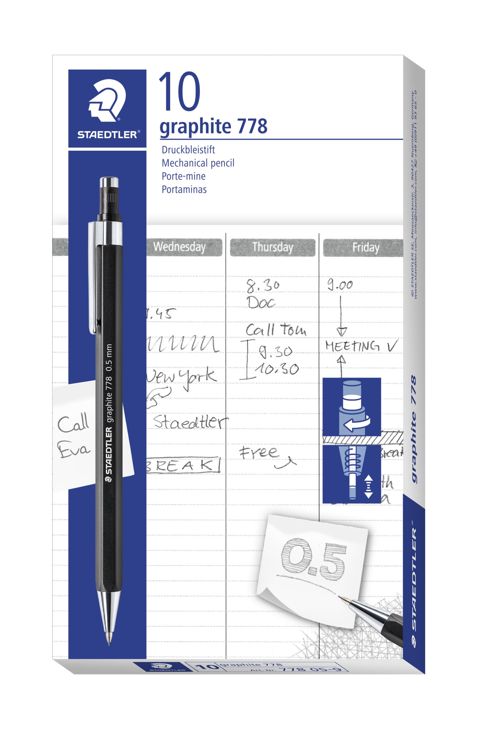 STAEDTLER grafitowy ołówek mechaniczny 778, smukły kształt sześciokątny, szerokość linii 0,5 mm, końcówka i klips z metalu, 10 ołówków automatycznych w kartonowym pudełku, 778 05-9
