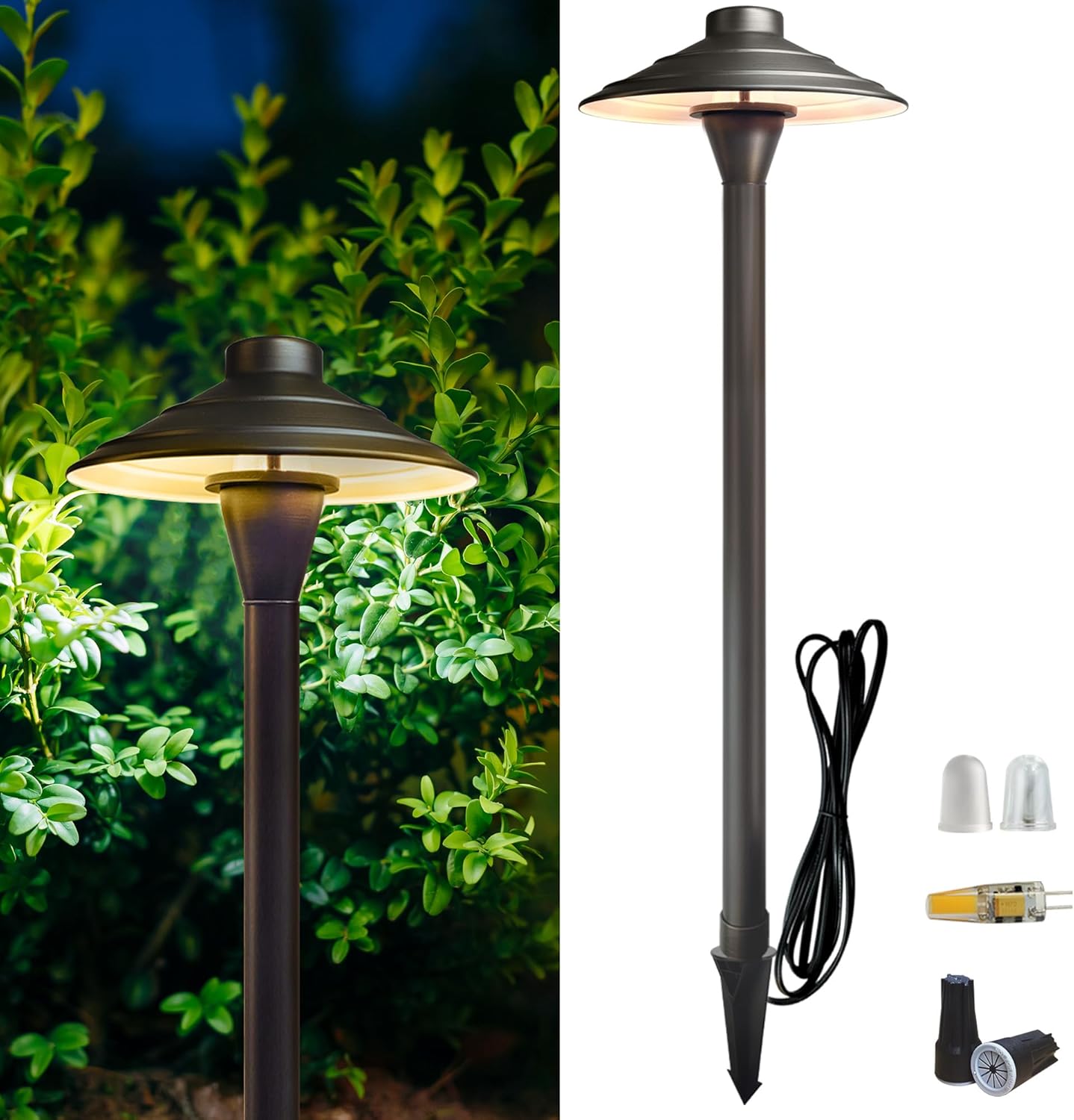 COLOER Solid Cast Brass Pathway Lights, 12V Low Voltage Landscape Lighting LED Path Lights with G4 Bulb for Outdoor Walkway, Garden, 23" Tall, 7.5" Shade (4) (1, P01 Bronze)