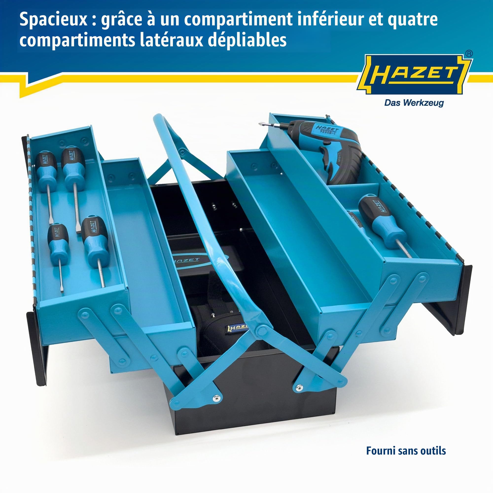 HAZET Caisse à outils métallique 190L | vide | avec compartiment de fond spacieux et 4 compartiments latéraux dépliables | pour un rangement ordonné des outils, etc.