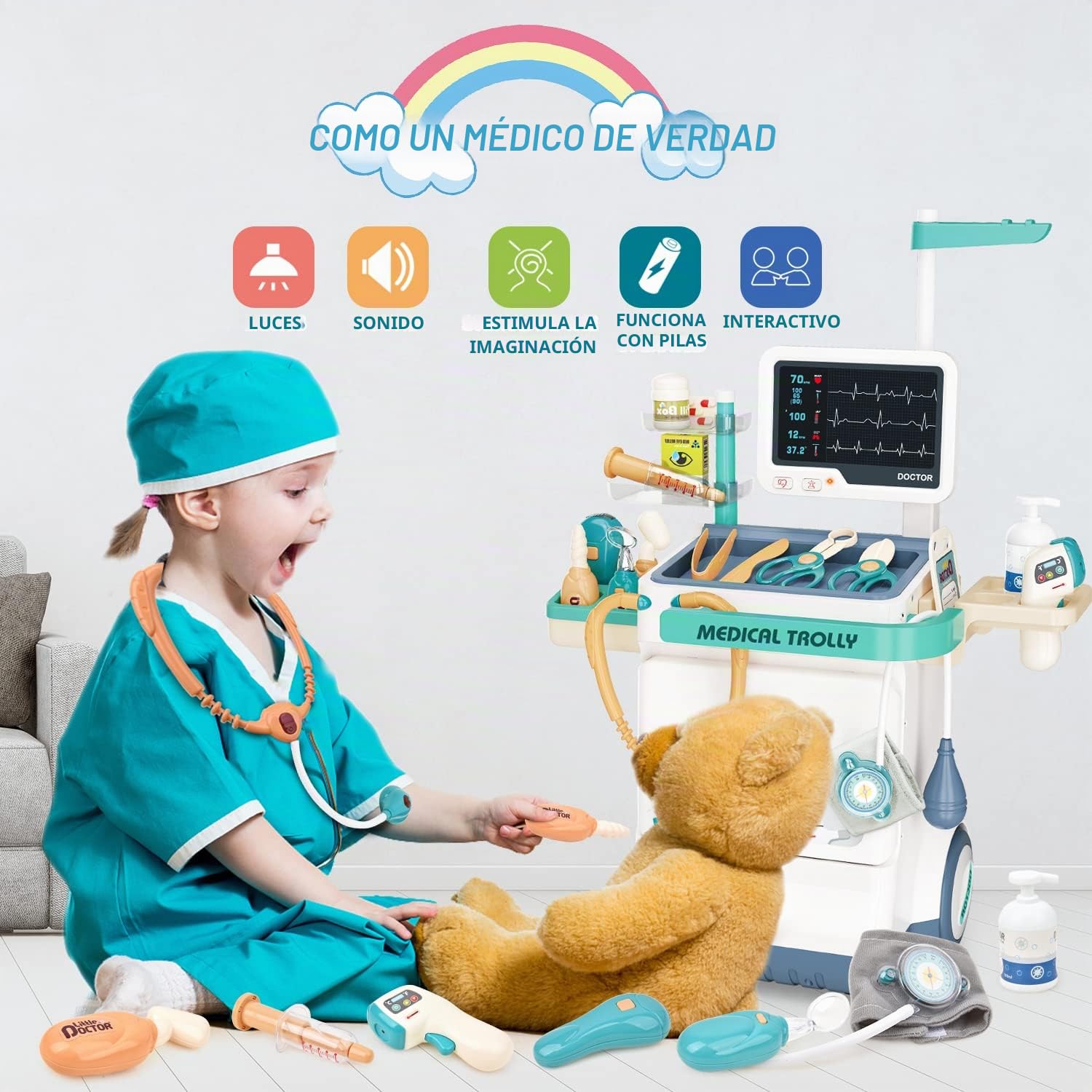 Sotodik Medicos Juguete 26PCS Juguetes de Medicos Accesorios con Luces y Sonido, Termómetros, Estetoscopios el Papel de Carrito Móvil Juguetes Educativos para Niños