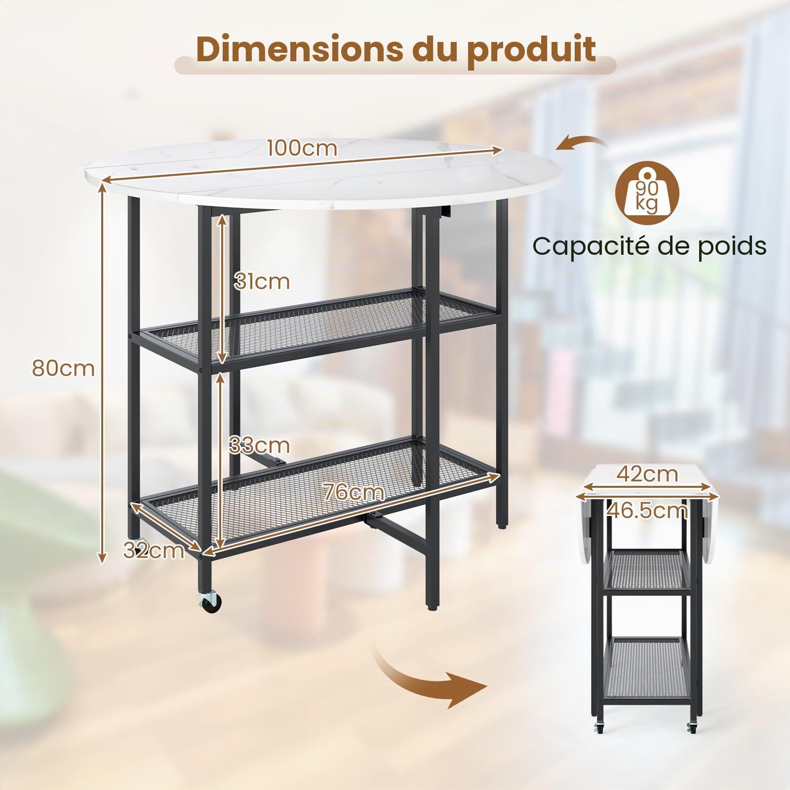 COSTWAY Table Pliante Cuisine Ronde, Table a Manger Extensible sur roulettes pour 2-4 Personnes, 2 Etagères, 2 Rallonges Rabattables, Gain de Place, pour Petite Espace, 42-100 x 100 x 80 cm (Blanc)