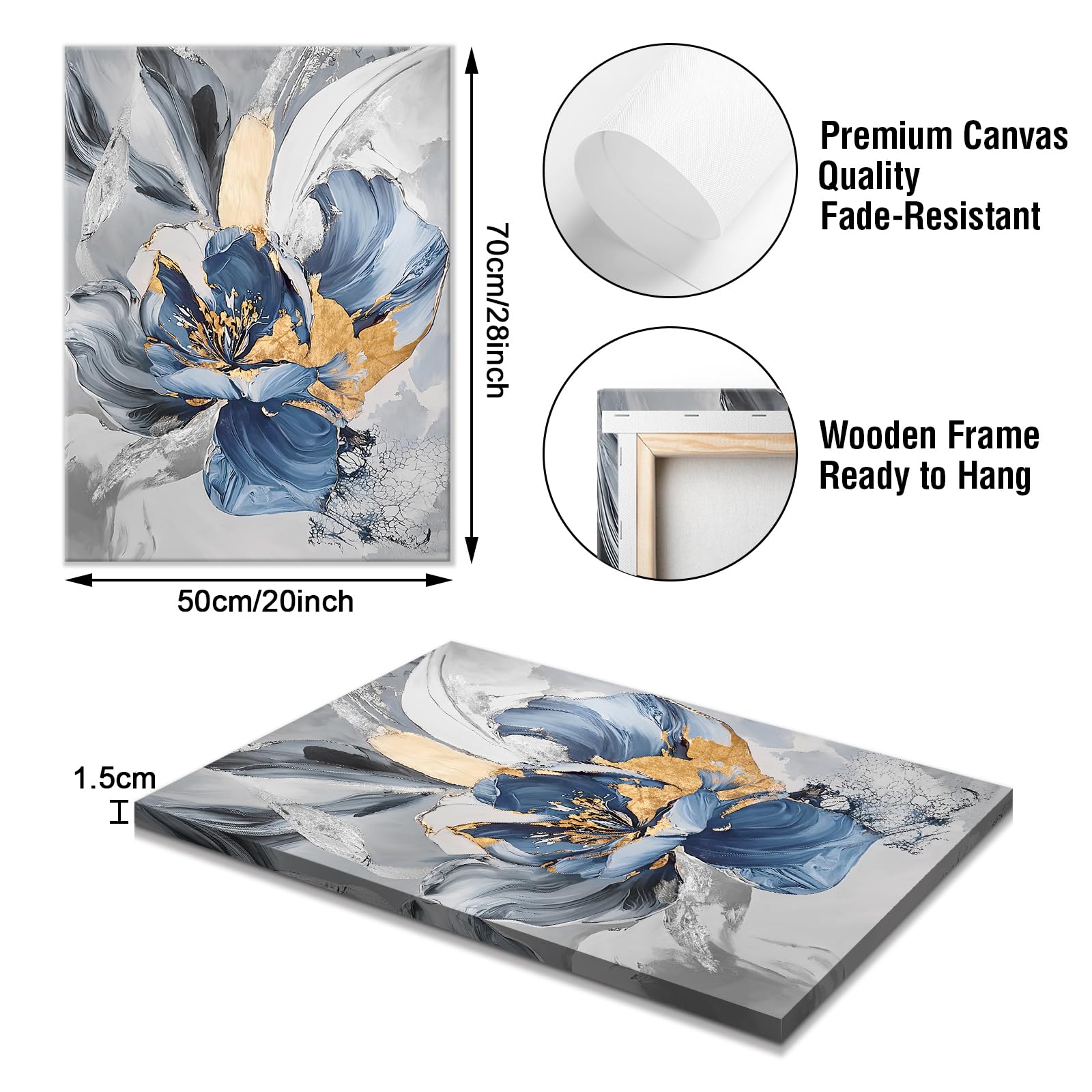 WENGTIAO Set of 3 Blue Butterfly Flowers Canvas Wall Art Prints Framed Pictures Vintage Abstract Floral Painting on Canvas Living Room Bedroom Home Wall Decor Ready to Hang 50x70cmx3 - Image 2