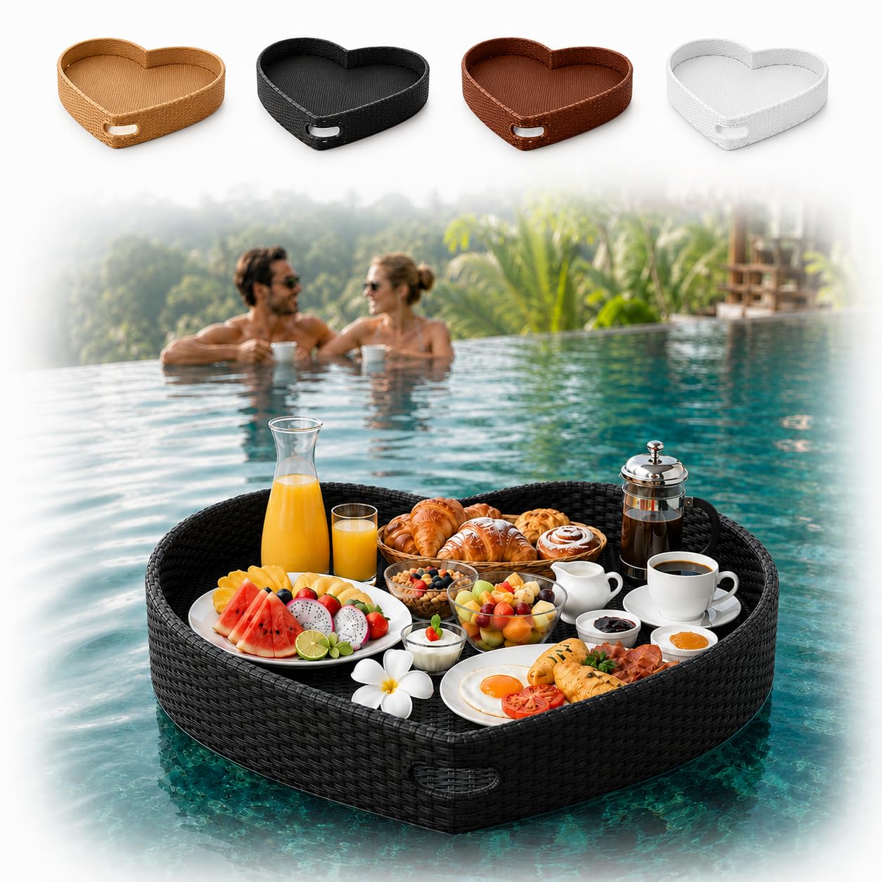 Mesa de Brunch Corazón de Ratán Flotante, 80 x 20 cm, 4 Colores Black | Superficie Tejida, Soporte de Aluminio, Espuma y Borde Elevado Flotan Estables, Resisten el Agua y se Limpian tras el Brunch
