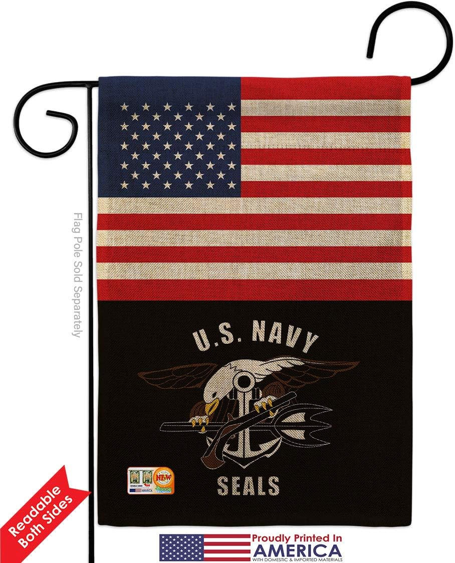 US Navy Seals Burlap Burlap Garden Flag Set Wall Holder Armed Forces USN Seabee United State American Military Veteran Retire Official Small Gift Yard House Banner Double-Sided Made In USA 13 X 18.5