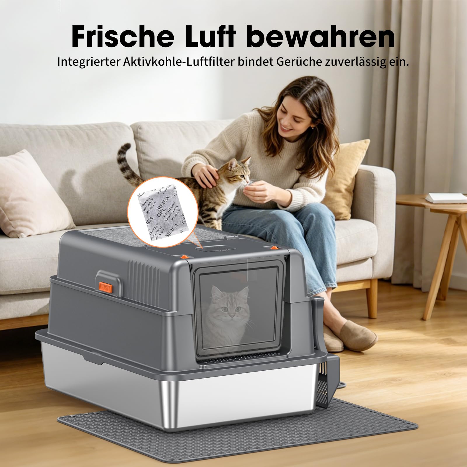 Edelstahl Katzentoilette Geschlossen XXXL Kratzmatte Oben, Dunkelgrau | Großer Klappdeckel, Aktivkohlefilter, Geruchskontrollierend, Leicht Zu Reinigen, Kratzfest, Stabil Für Große Katzen