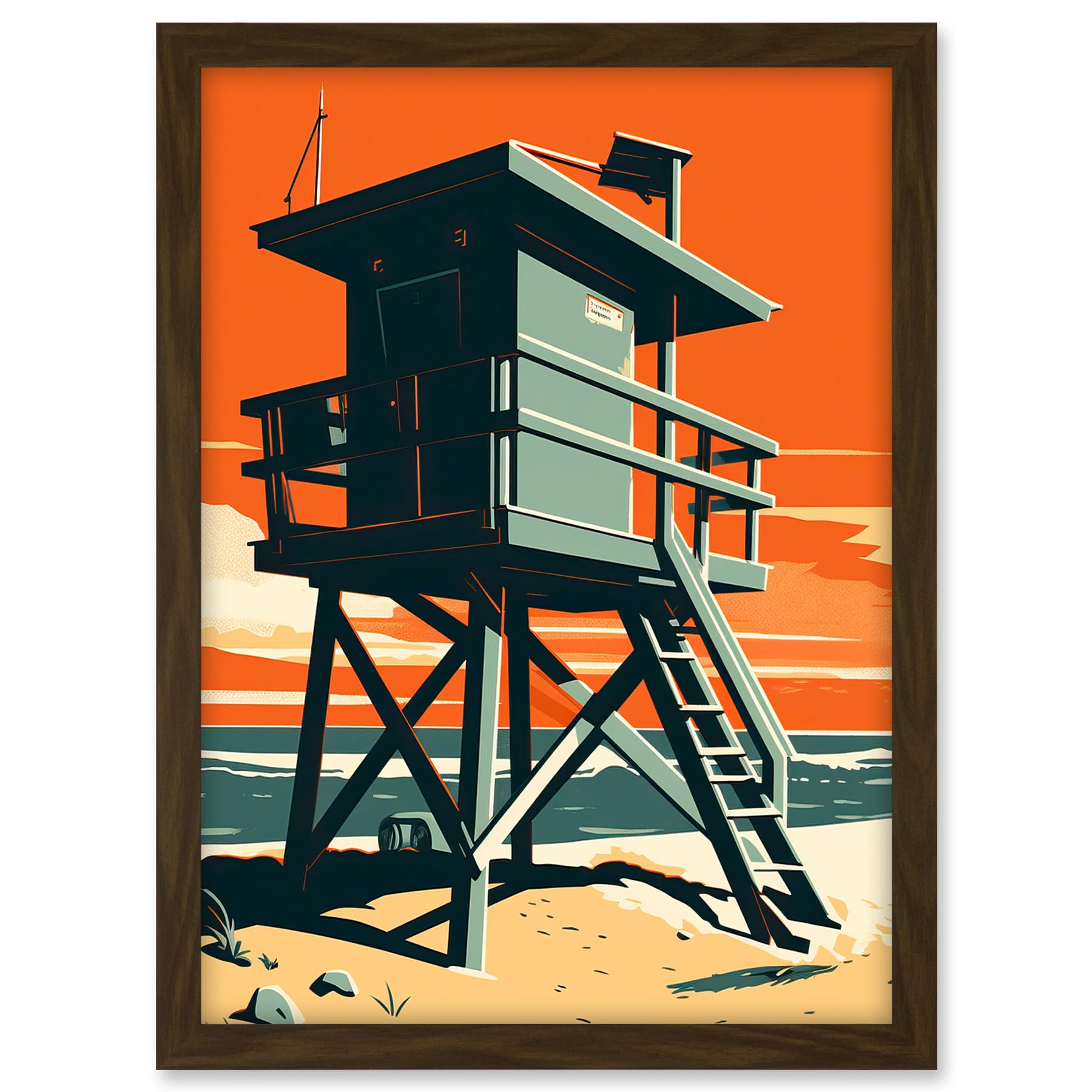 Artery8 Lifeguard Tower Seascape Pastel Colour Orange Teal Blue Beach Bathroom Artwork Framed A3 Wall Art Print