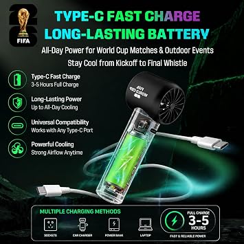 2026 FIFA World Cup Portable Handheld Fan, 5-Speed Turbo Cooling Mini Fan, USB-C Rechargeable Personal Fan with LED Display, Pocket Size Handheld Fan for Stadium Game Day, Travel & Outdoor Gifts
