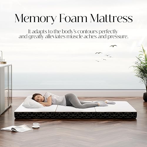 Miniatura 4 de Colchón de espuma viscoelástica de tres pliegues tamaño individual, colchón plegable portátil de 4 pulgadas con asa y funda lavable, cama de piso