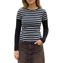 Women Y2K Fake Two Piece Striped Long Sleeve Shirts Slim Fit Top