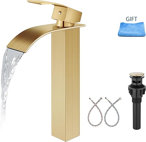 Aolemi Grifo de lavabo de oro cepillado con boquilla de cascada, grifo alto de baño de una sola manija, 1 agujero, mezclador de lavabo, montaje en